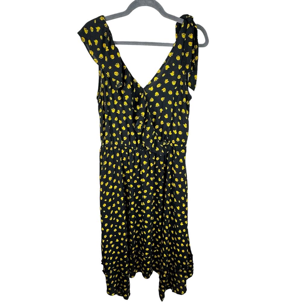 Who What Wear Black Yellow Floral Sleeveless Ruffled V-Neck Light Dress Size M